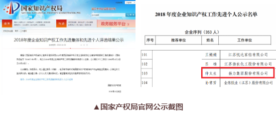 喜訊丨揚力集團總工程師仲太生榮獲“2018年度企業(yè)知識產(chǎn)權(quán)工作先進個人”榮譽稱號！